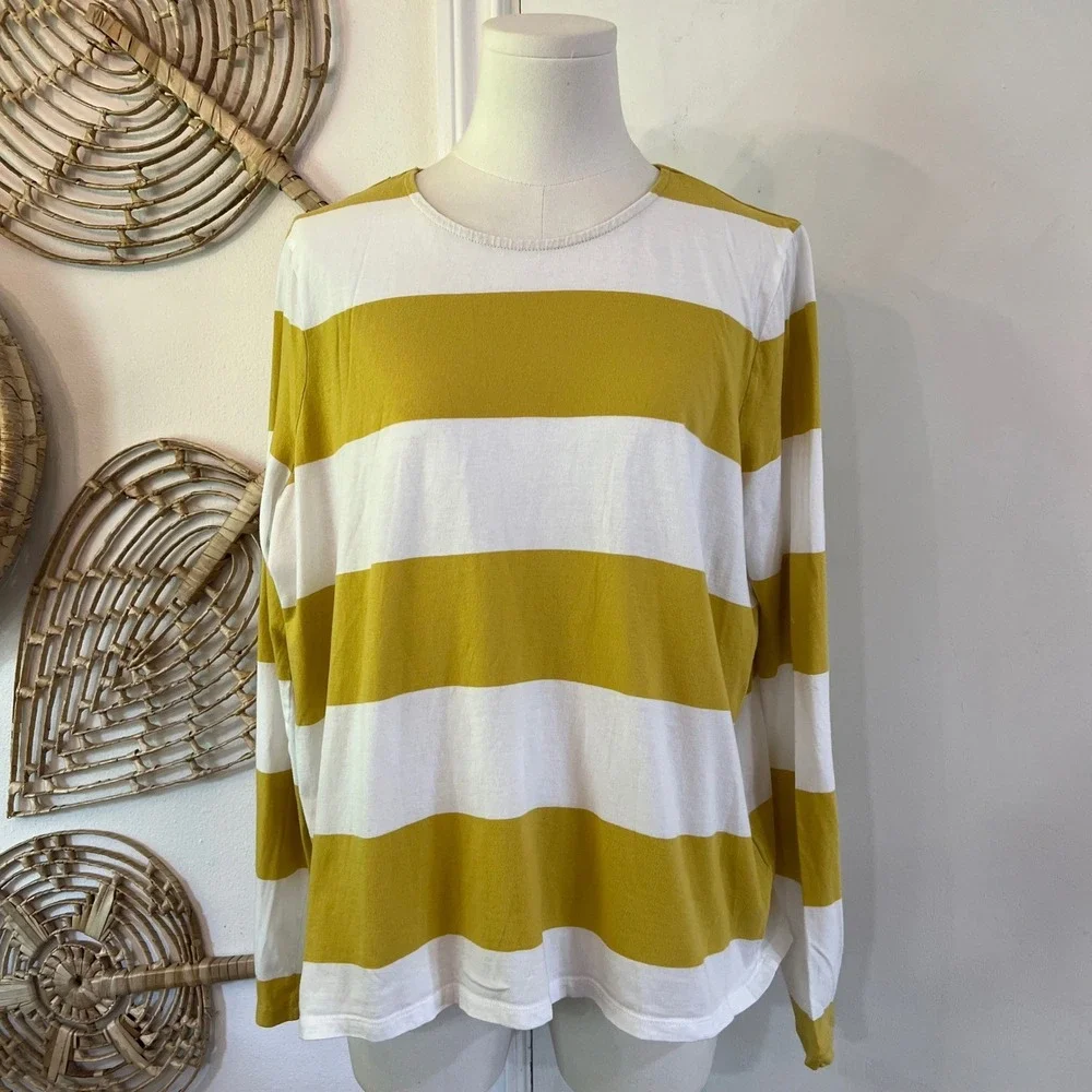 Boden Yellow White Cotton‎ Striped Long Sleeve Crew Neck T-Shirt Size 14